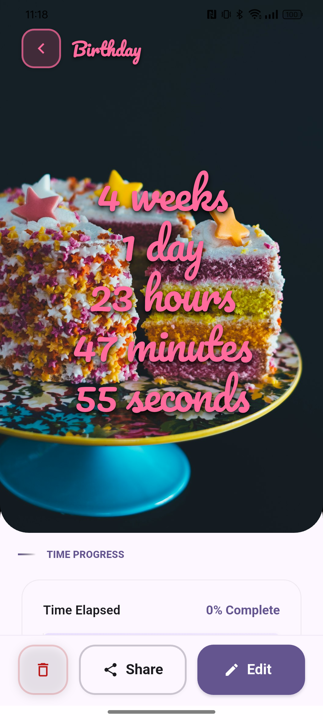 L’app MyCountdown con un countdown a schermo intero
